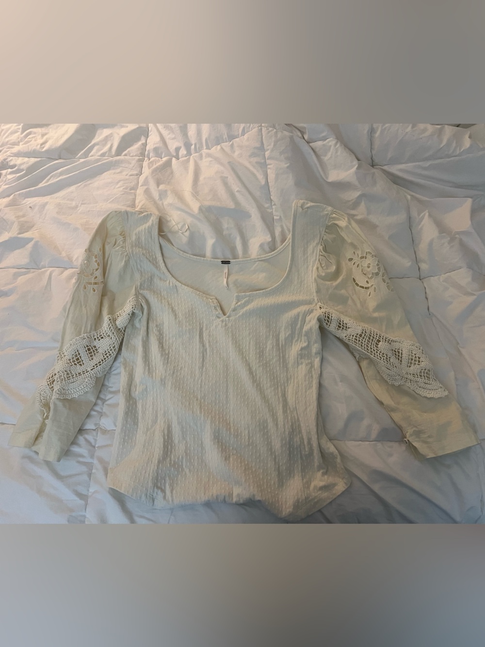 Free People Cream Crochet Lace-Sleeve Scoop Top